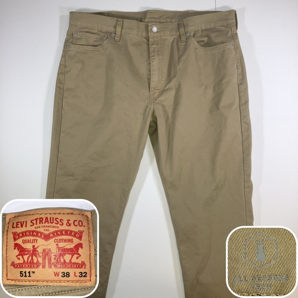 Levis 511 Pants Mens 38x32 (39.5x27.5 Actual) Slim Fit Khaki Tech Stretch